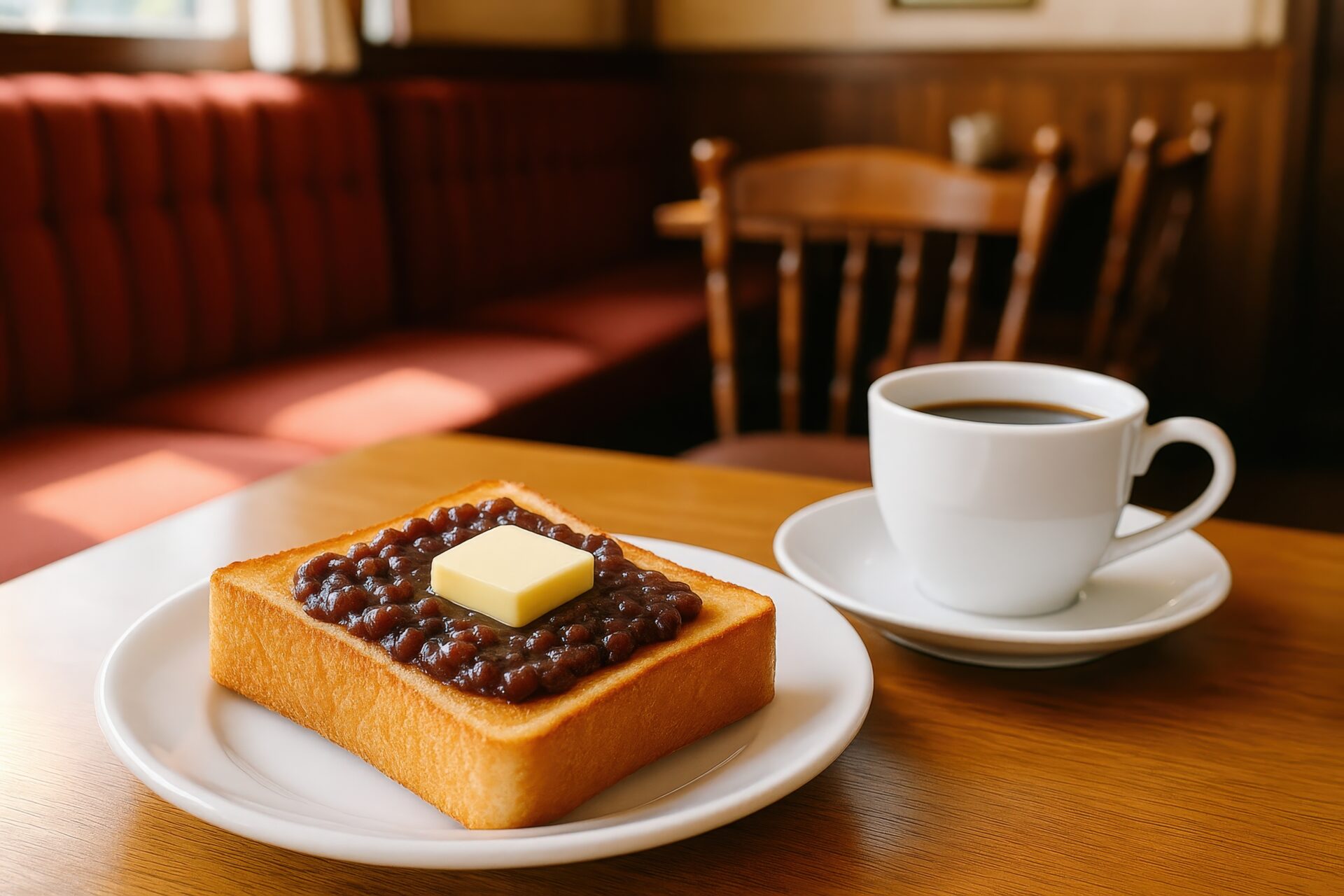 バターをのせた小倉トーストとコーヒーの朝食セット
