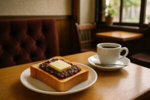 陽の差し込む喫茶店で味わうバター小倉トーストとコーヒー