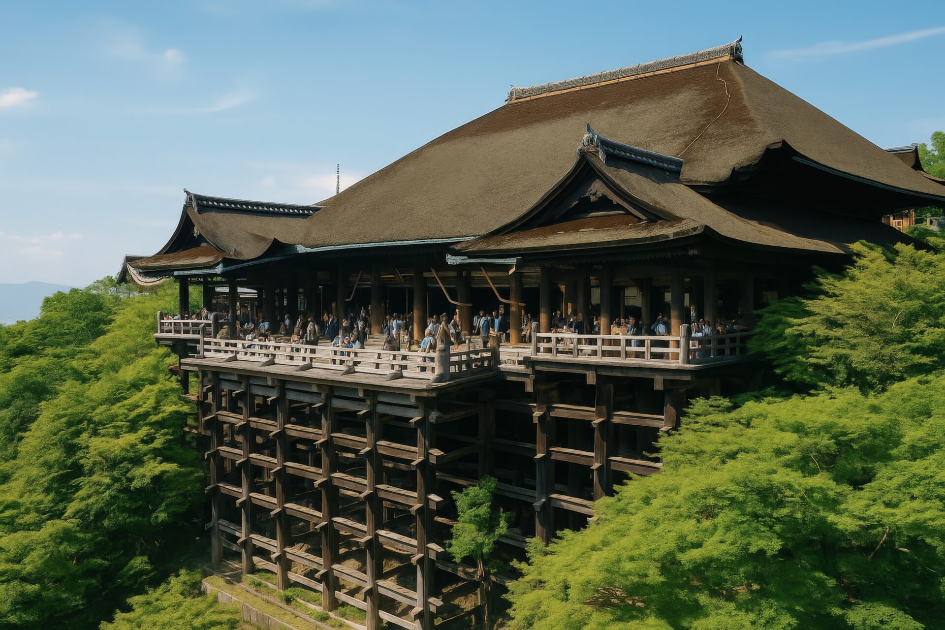 初夏の陽光を浴びる清水寺の本堂と観光客