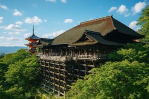 緑豊かな景色に映える清水寺の舞台と三重塔