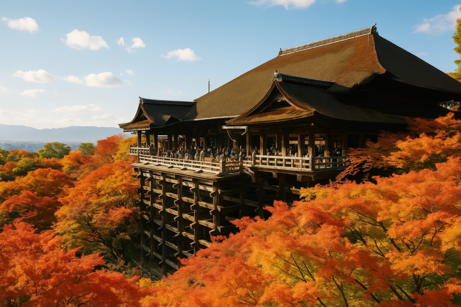 紅葉の中に佇む清水寺の本堂と観光客の姿