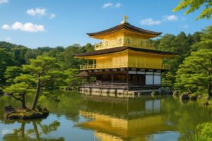 金閣寺と池が映る夏の風景の写真