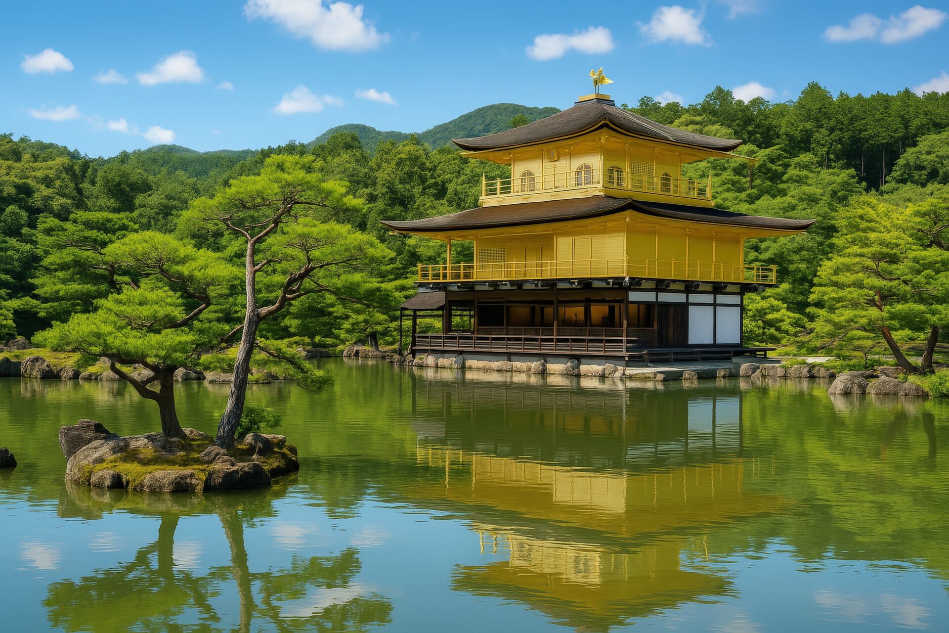 金閣寺と松の木が水面に映る風景