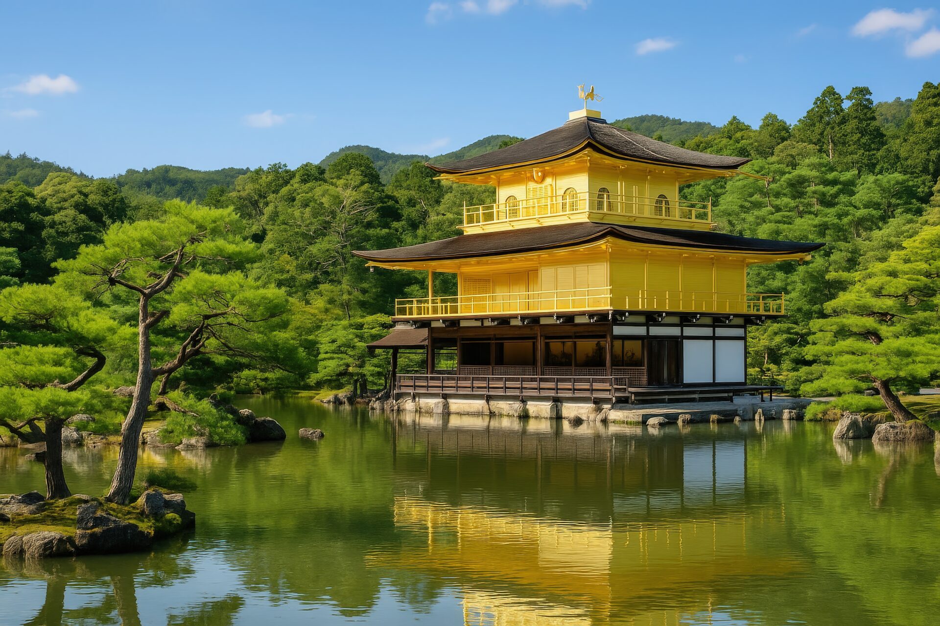 緑に囲まれた金閣寺の風景