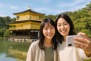 金閣寺を背景に自撮りする笑顔の女性二人