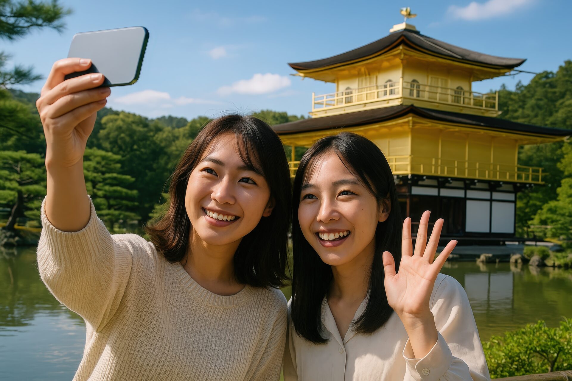 金閣寺の前で手を振りながら自撮りする女性二人