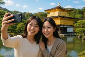 金閣寺の前で寄り添って写真を撮る女性二人