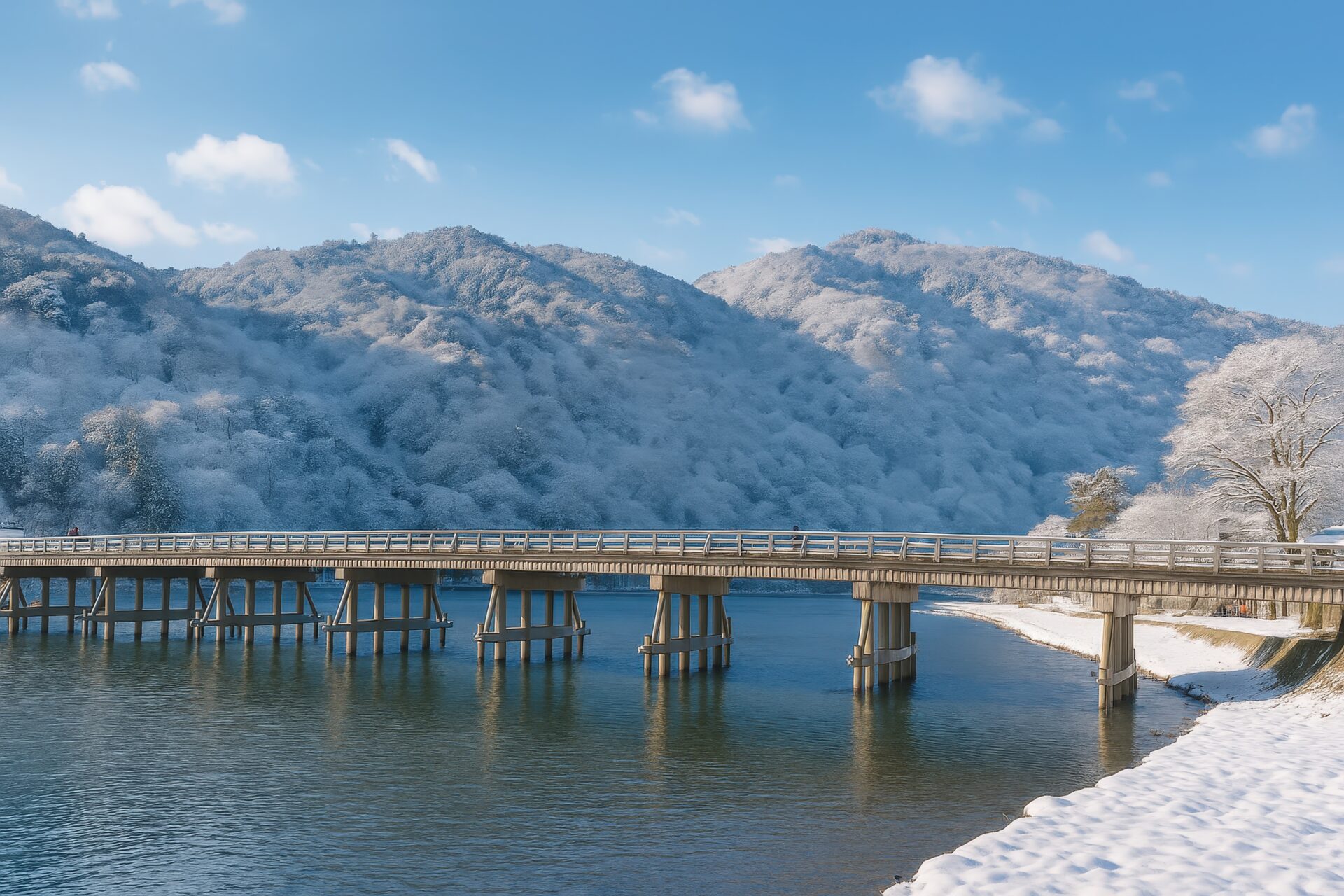 雪景色の嵐山と渡月橋