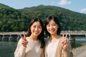 渡月橋を背景にピースサインをする笑顔の女性二人