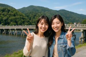 渡月橋の前で笑顔でポーズをとる女性二人