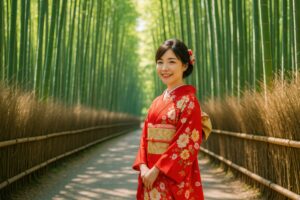 赤い着物を着た笑顔の若い女性が竹林でポーズ