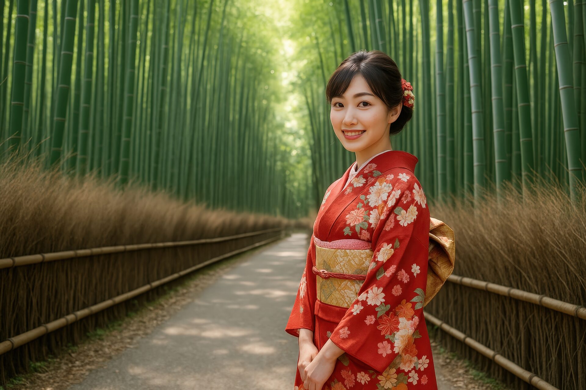 竹林の小道で微笑む赤い着物の若い女性
