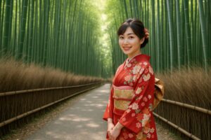 竹林の小道で微笑む赤い着物の若い女性
