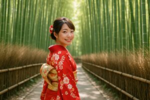 振り向き笑顔の若い女性が竹林で着物姿