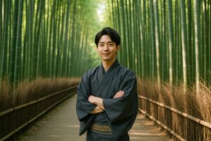 竹林を背景に腕を組む若い男性