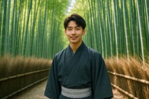 竹林の小道に立つ和服姿の若い男性