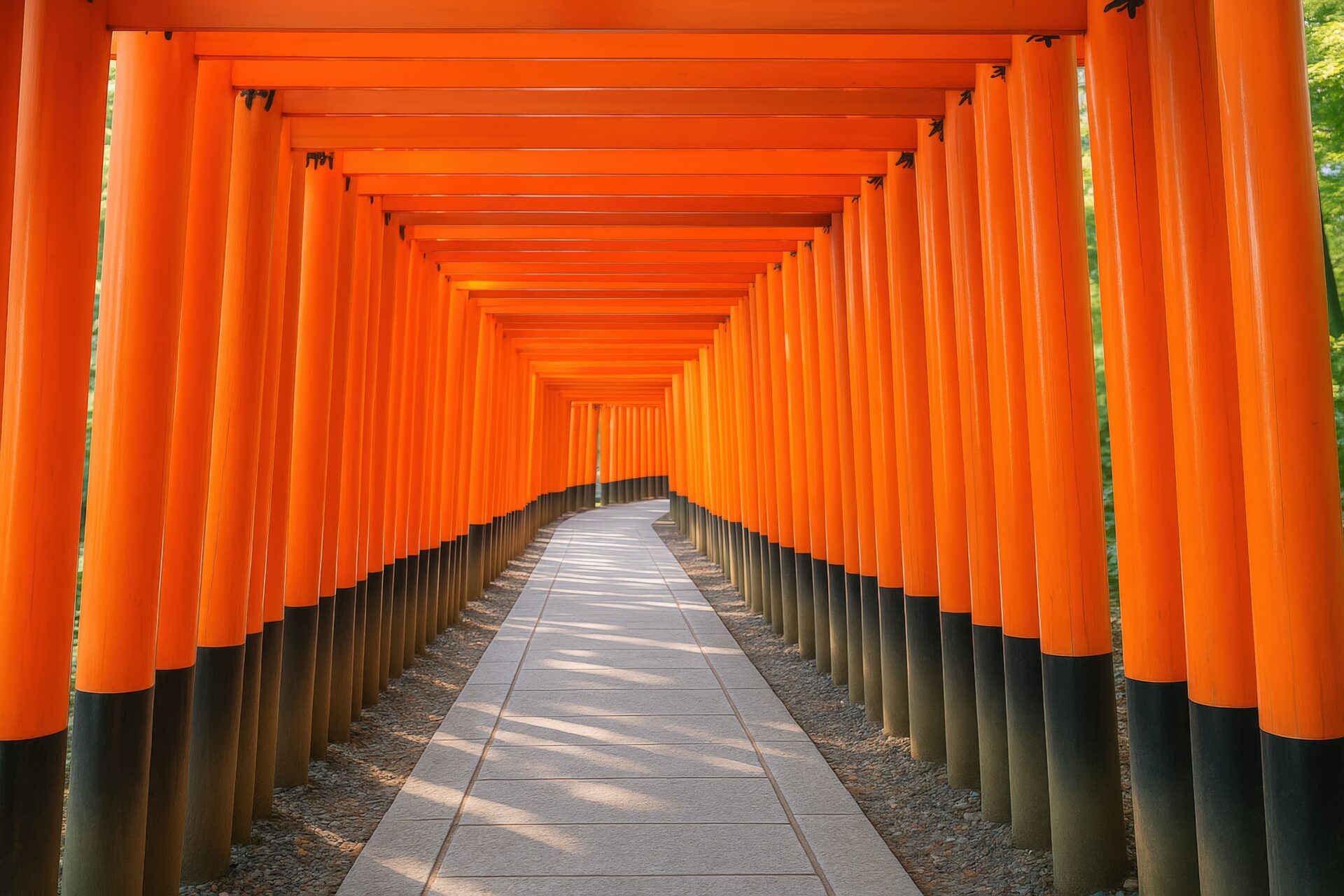 朱色の鳥居が連なる神社の参道