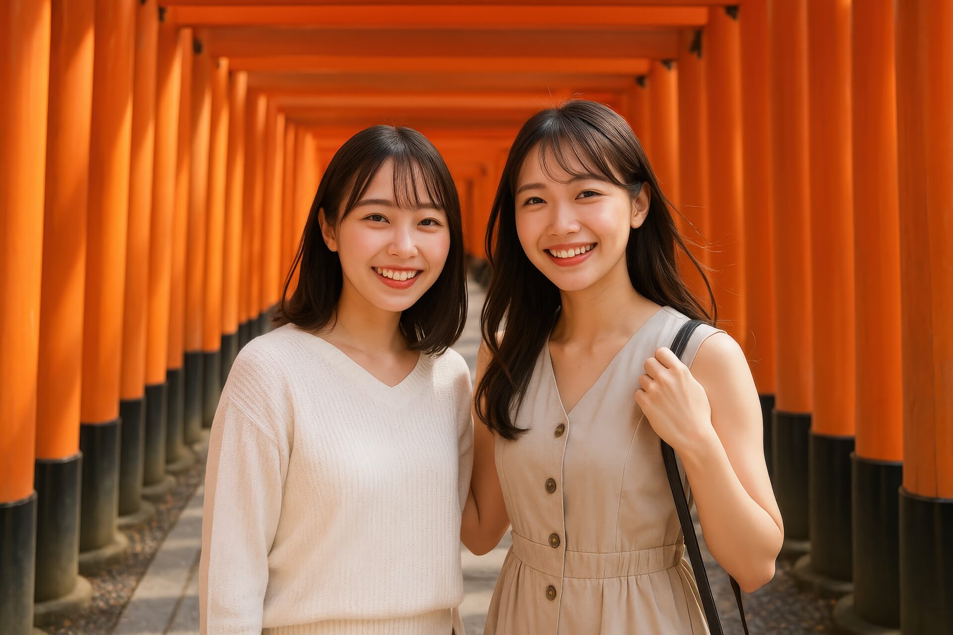 鳥居の下で笑顔を見せる若い女性たち