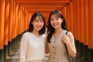 鳥居の下で笑顔を見せる若い女性たち