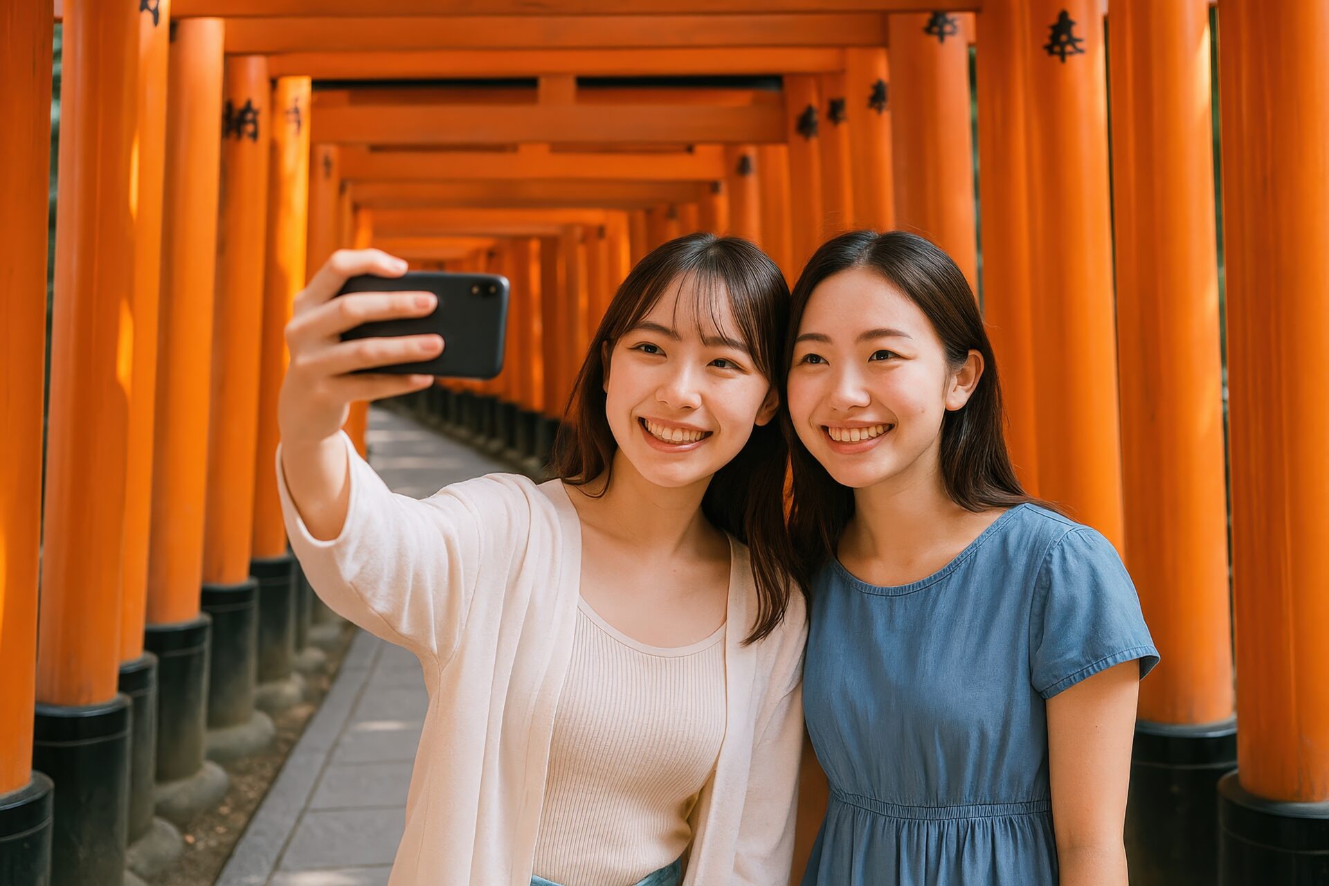 鳥居の前で自撮りを楽しむ若い女性たち