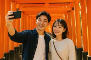 鳥居の下で自撮りをするカップル