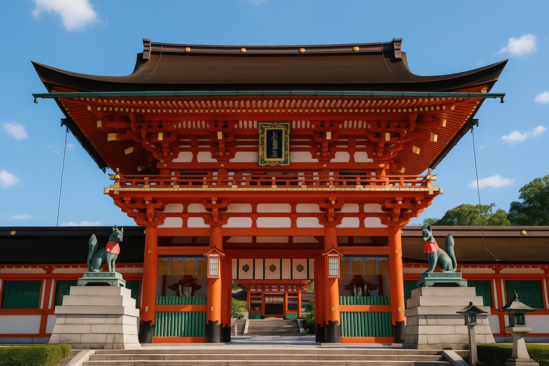 朱色の鳥居と狛狐が印象的な神社の正門