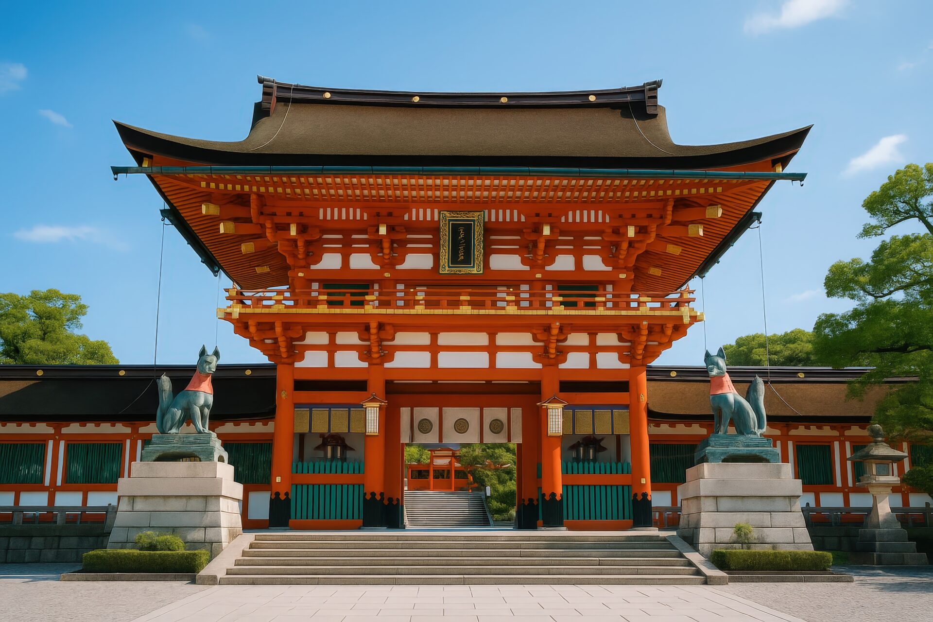 伝統的な神社の楼門と左右に並ぶ狛狐像