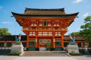 伝統的な神社の楼門と左右に並ぶ狛狐像