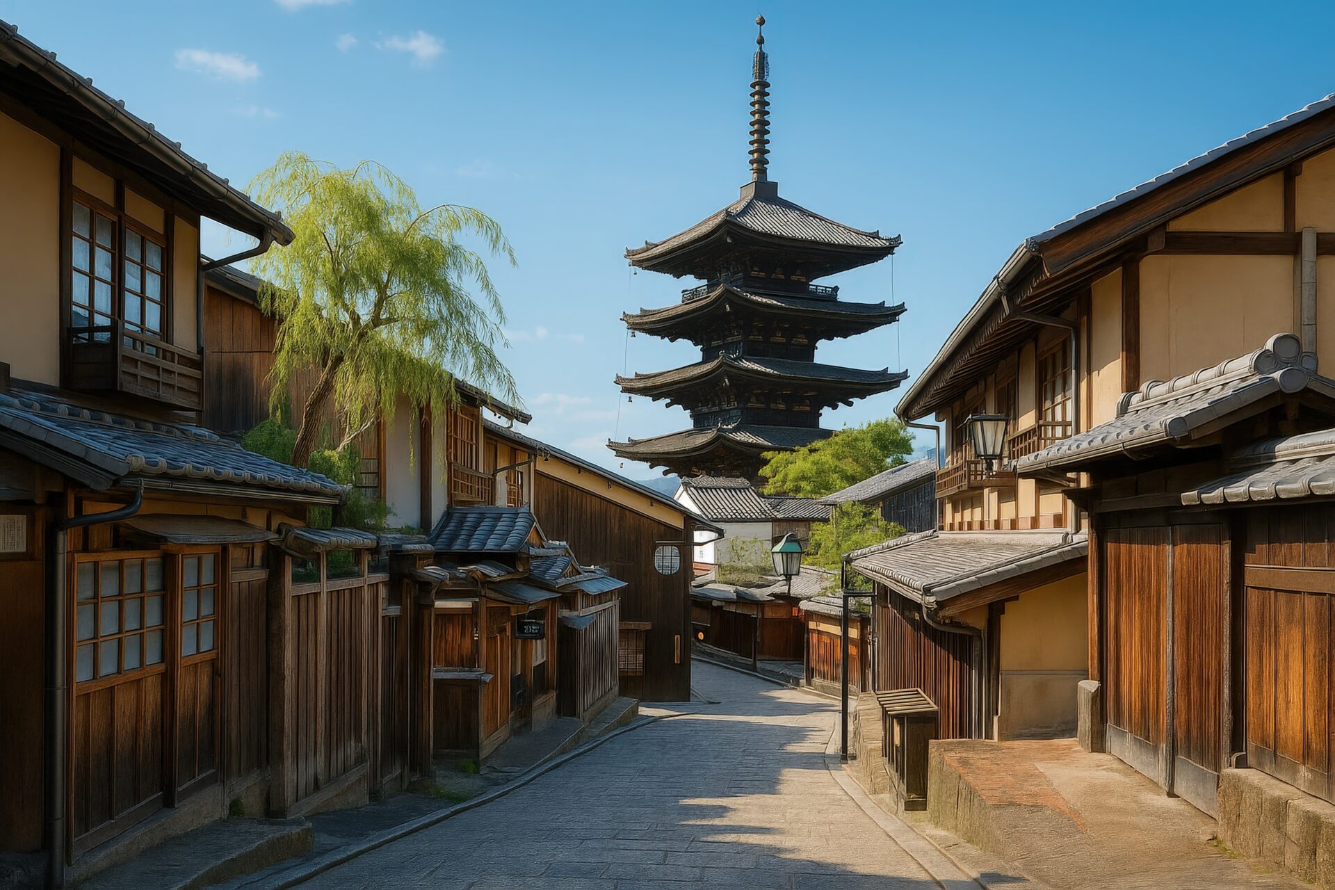 古民家が並ぶ京都の路地と五重塔