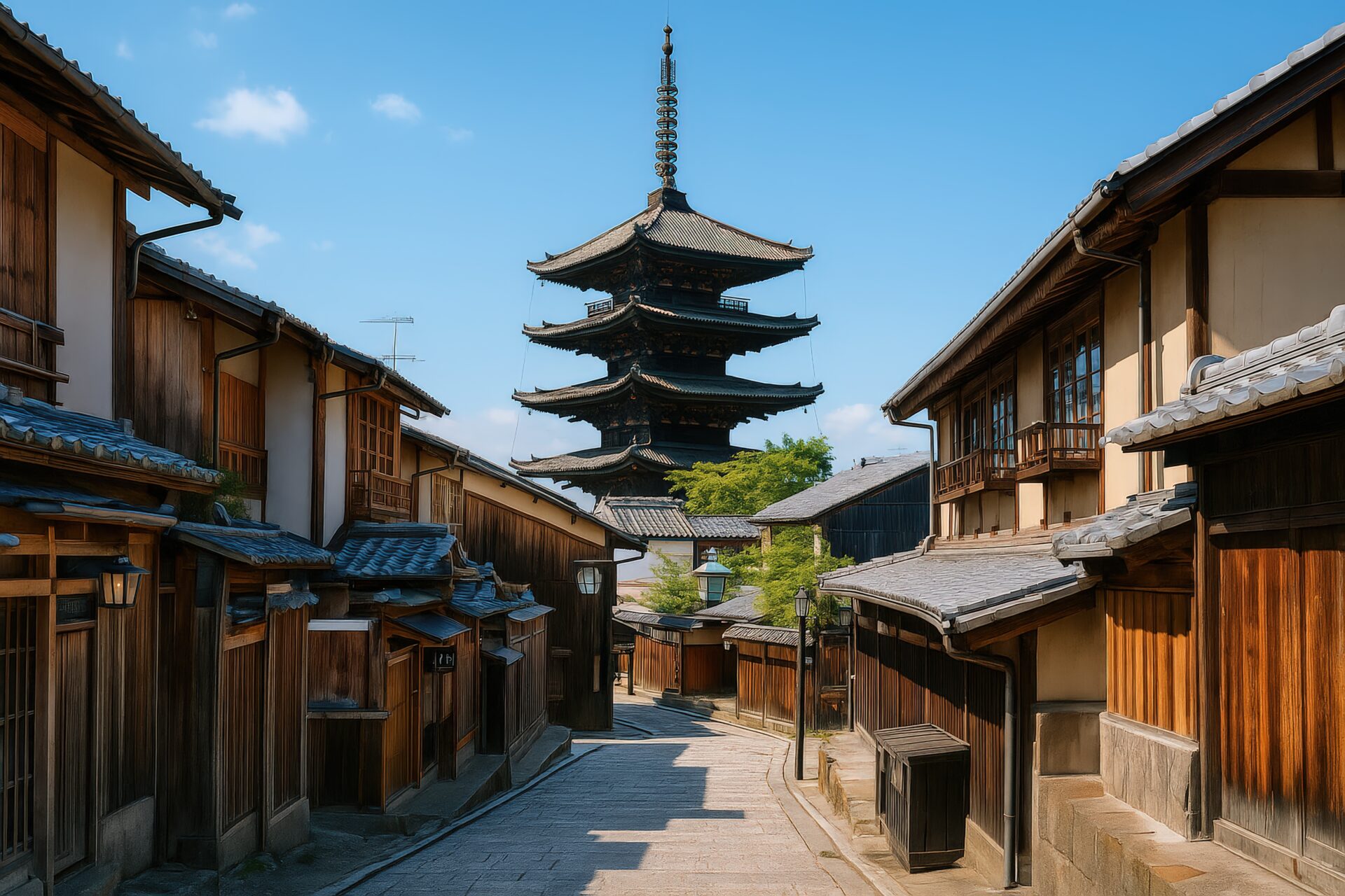 静かな石畳の路地と五重塔のある風景