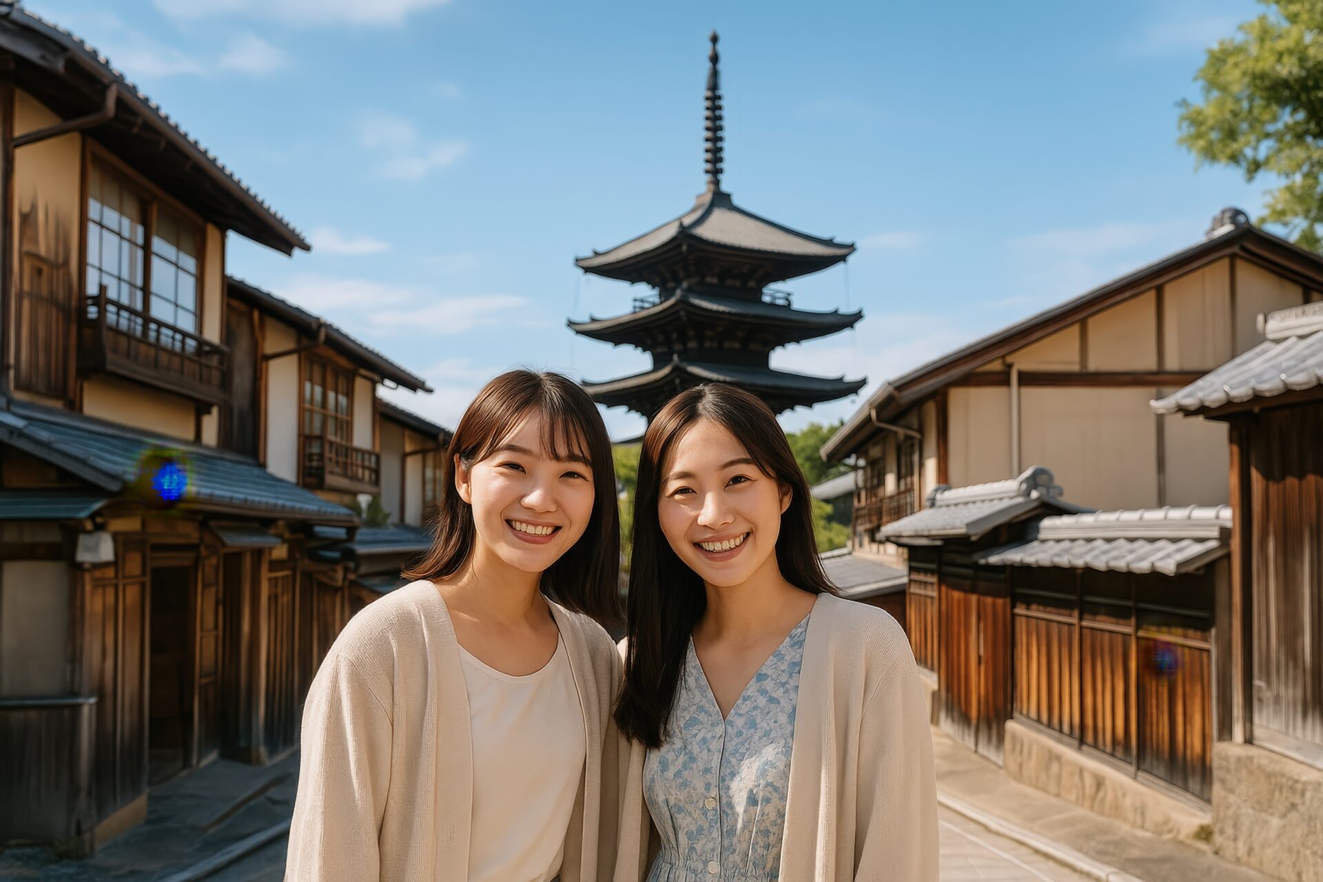 五重塔を背景に笑顔で並ぶ若い女性二人