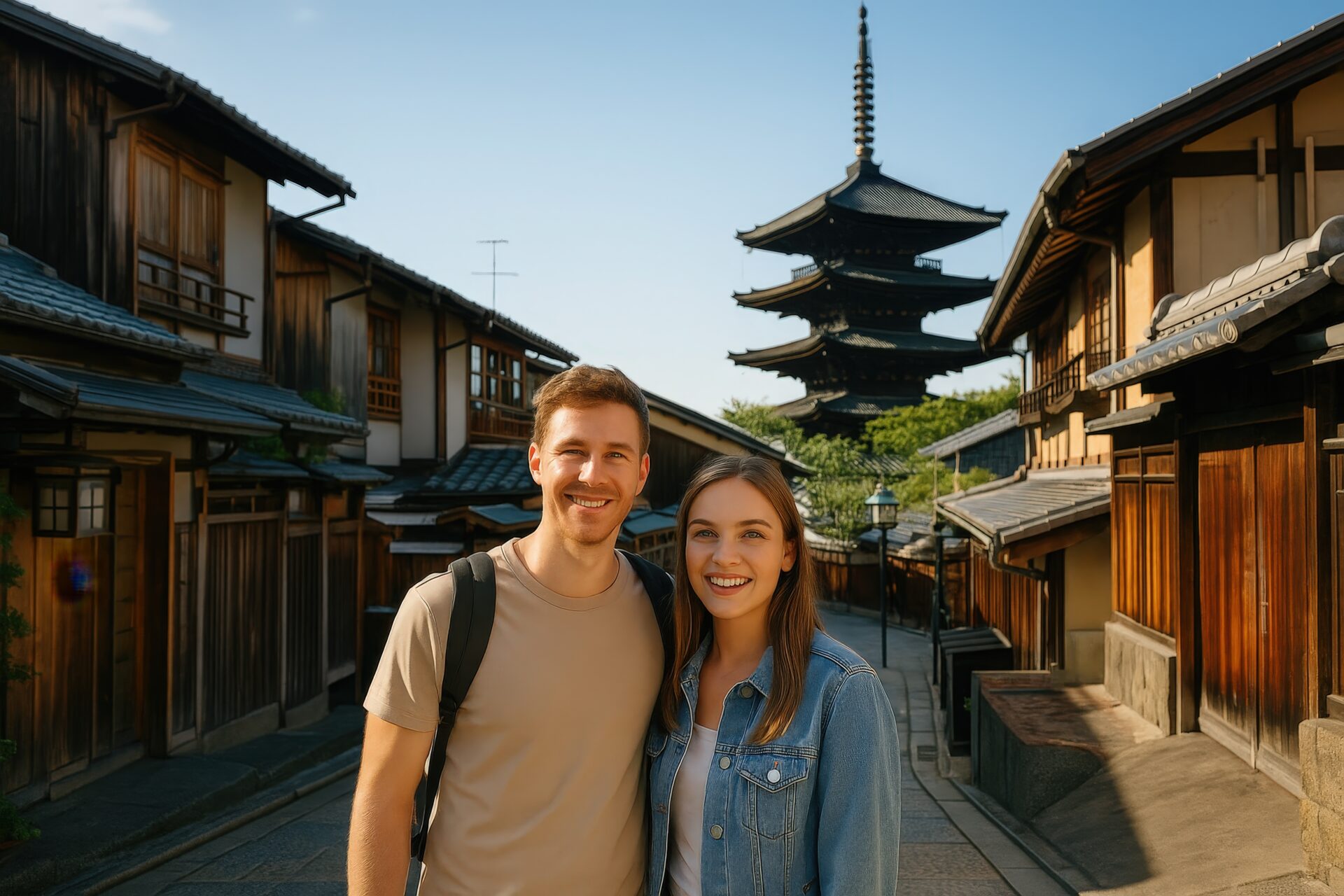 五重塔を背景に笑顔の旅行中のカップル