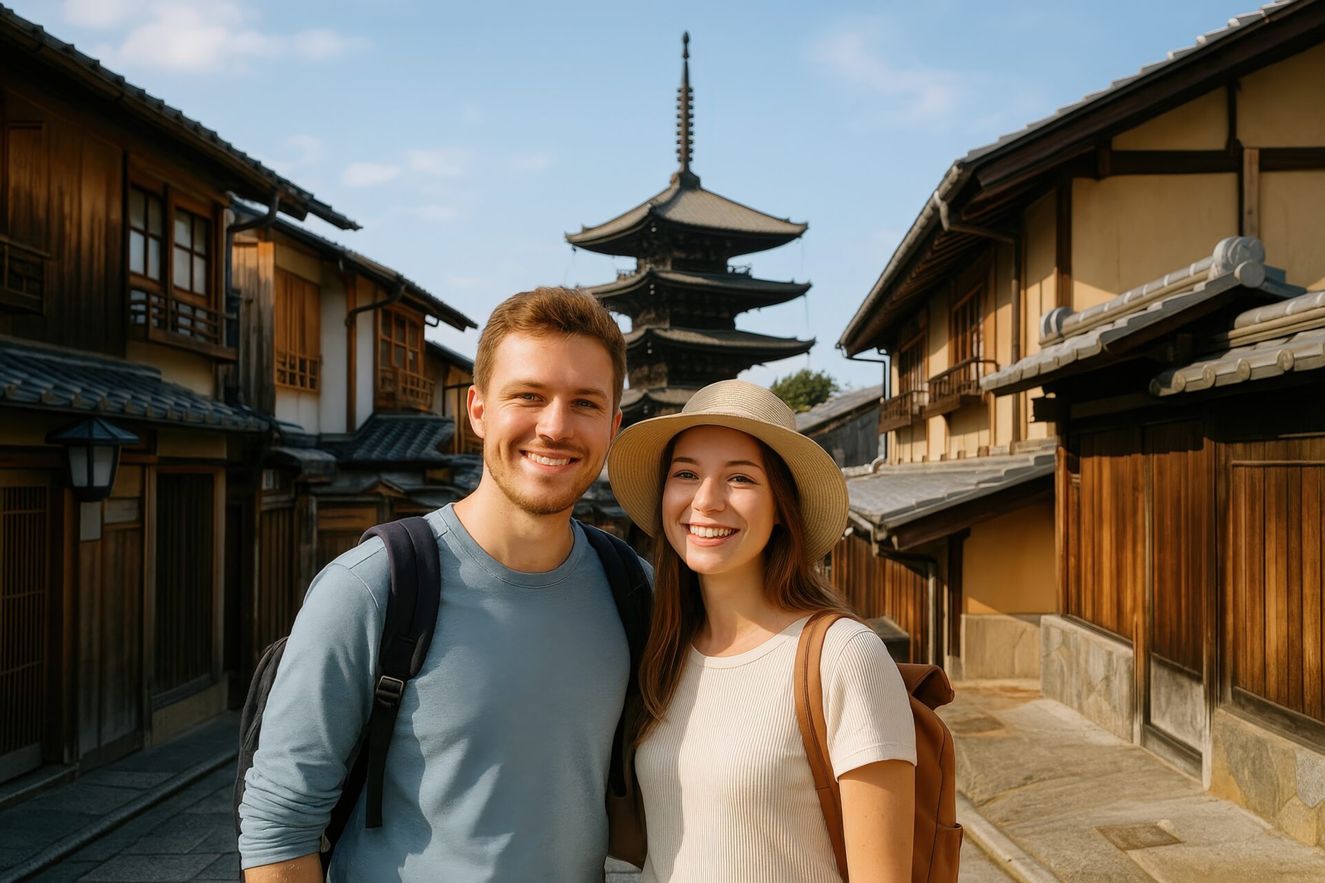 五重塔を背景に笑顔のカップル観光客