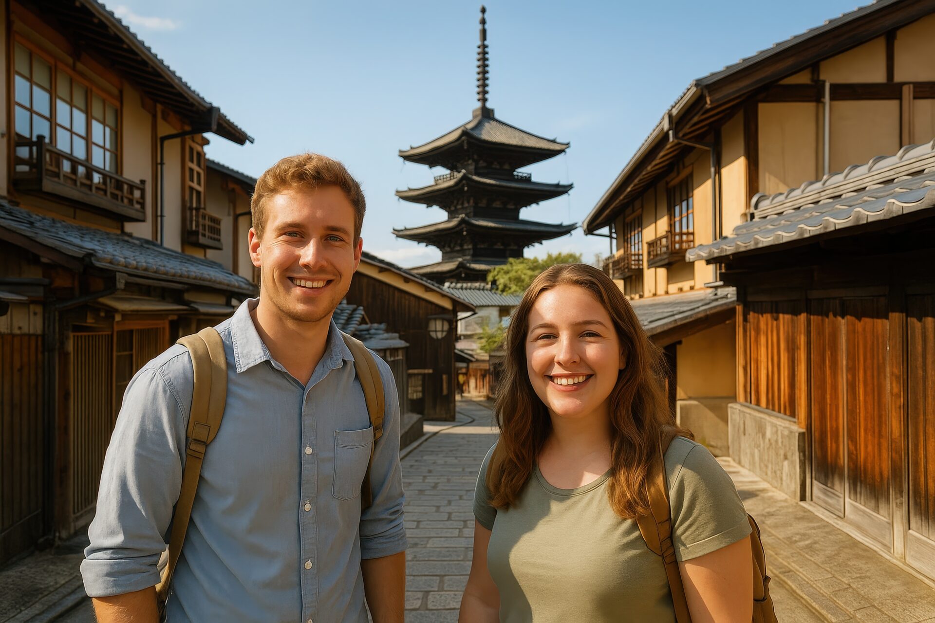 五重塔前でポーズをとる笑顔のカップル観光客