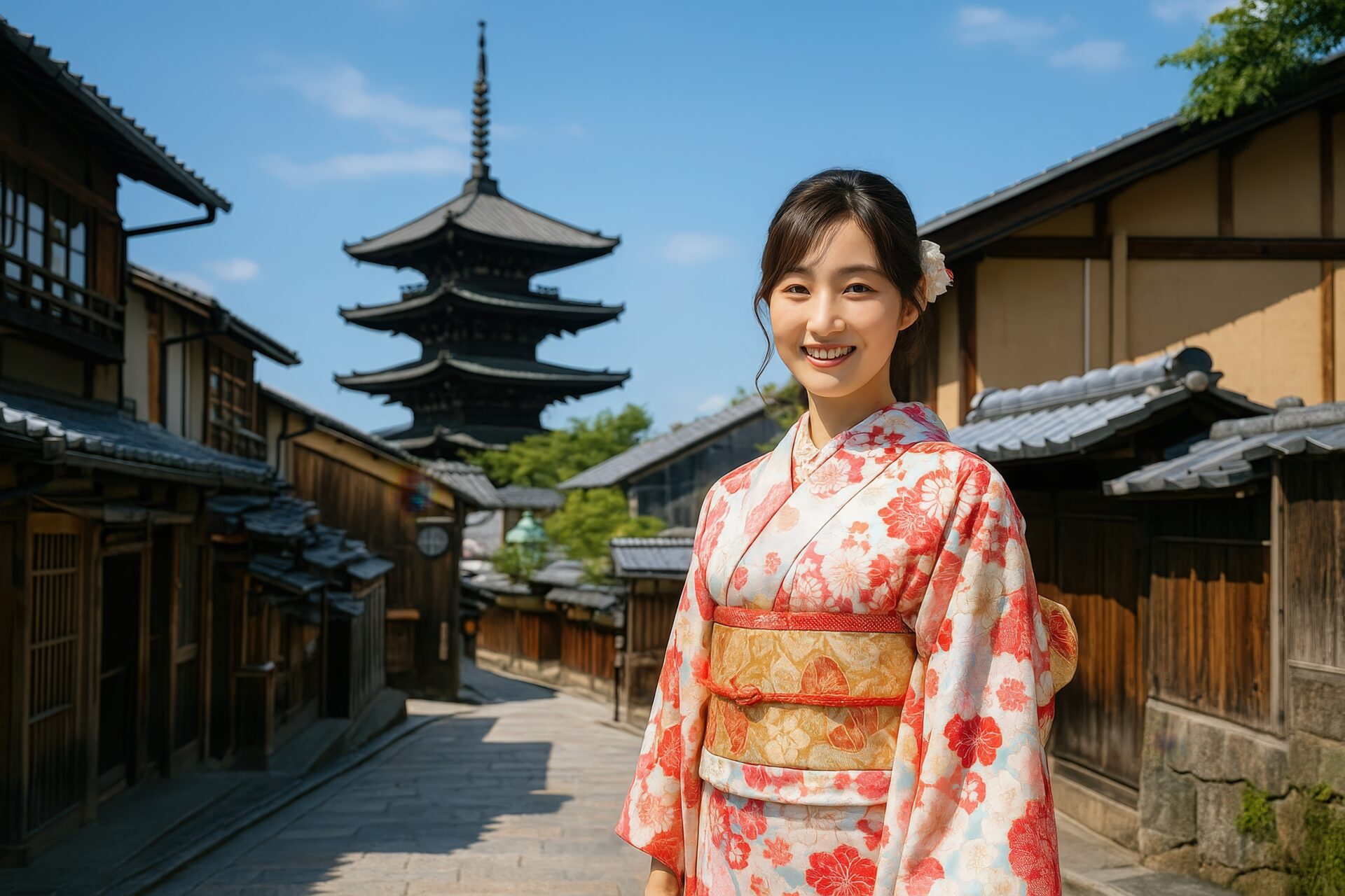 五重塔を背景に着物姿で微笑む若い女性