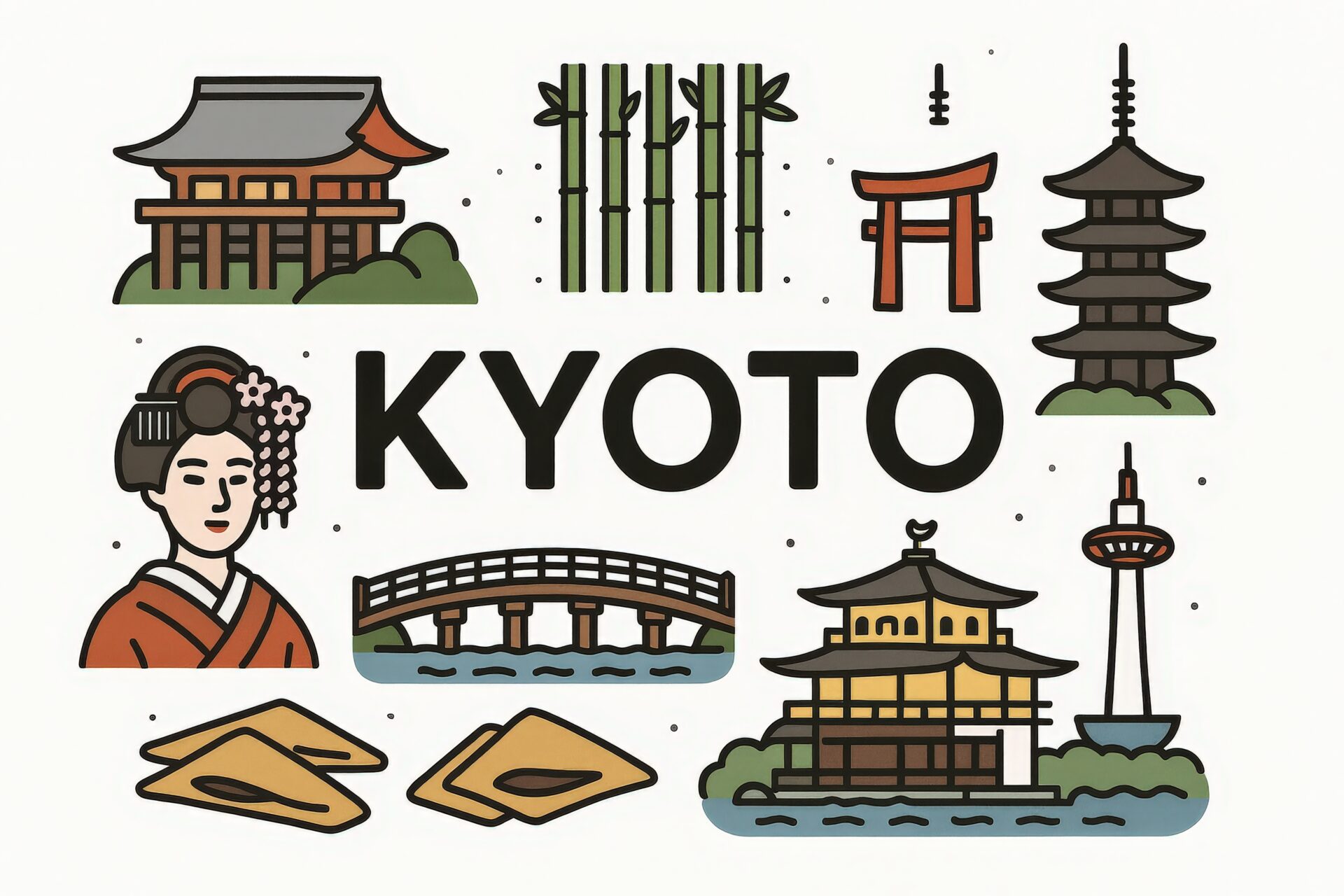 京都の名所をモチーフにしたカラフルなイラスト