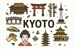 京都の観光アイコンが散りばめられた和風イラスト