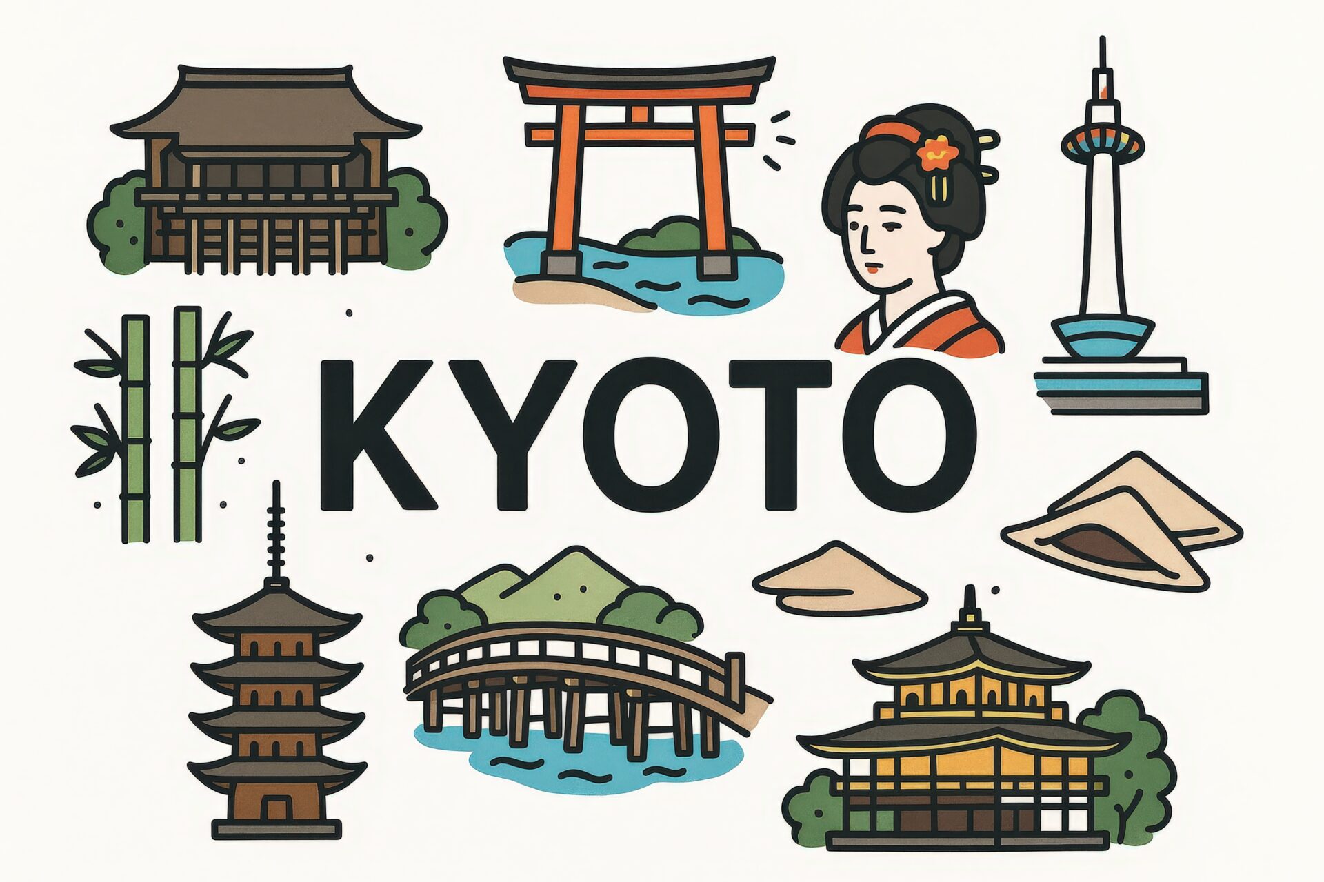 京都の名所と舞妓が描かれた可愛らしいイラスト