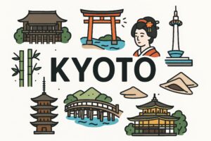 京都の名所と舞妓が描かれた可愛らしいイラスト