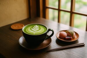 抹茶ラテと和菓子が並ぶ和風カフェのテーブル