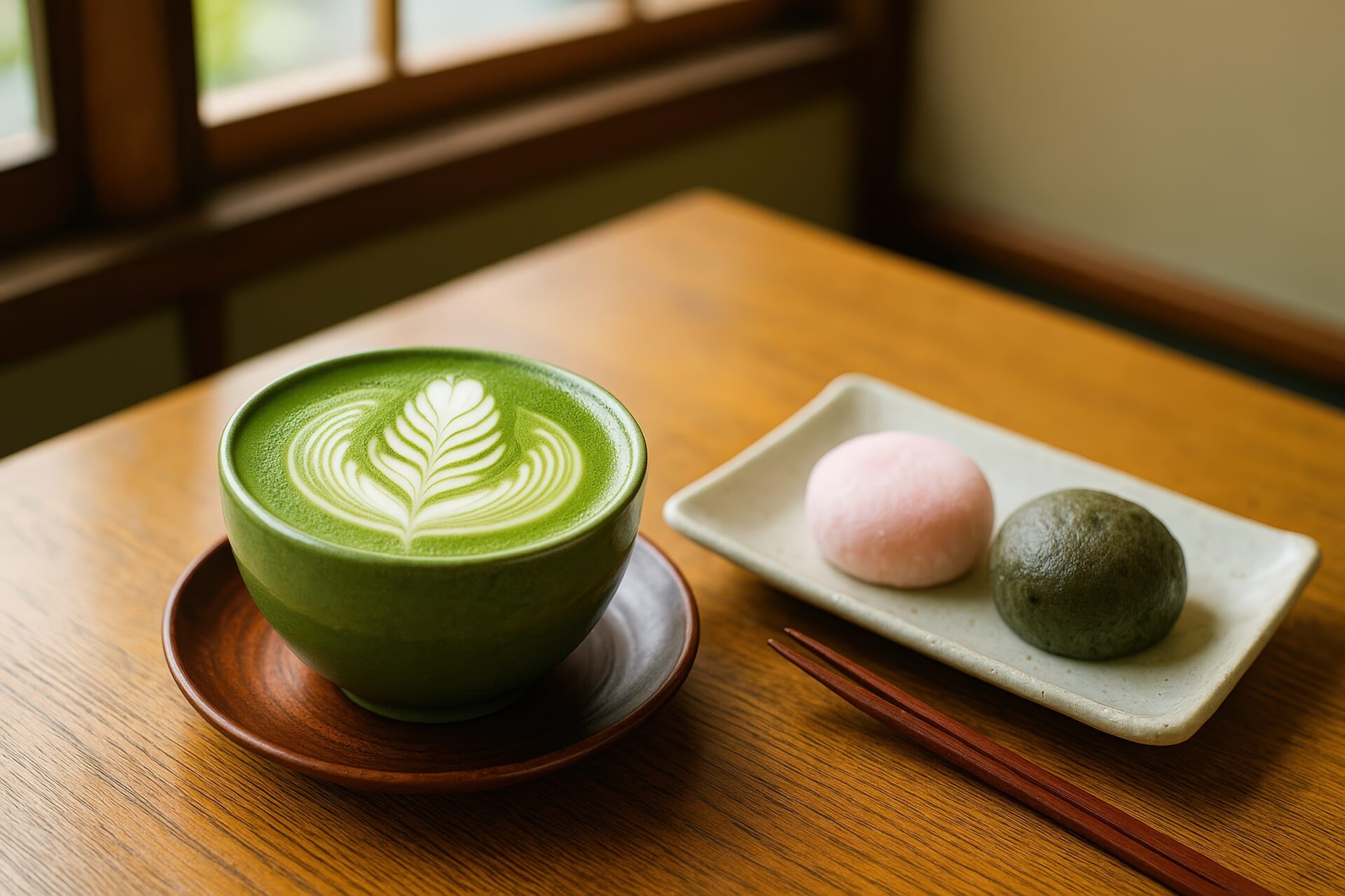 抹茶ラテと2種類の大福が置かれた木のテーブル