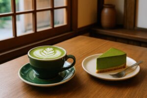 窓辺のテーブルに並ぶ抹茶ラテと抹茶ケーキ