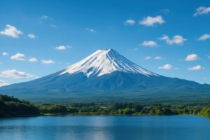 青空に映える富士山と湖の絶景