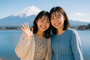 富士山を背景に笑顔で並ぶ若い女性二人