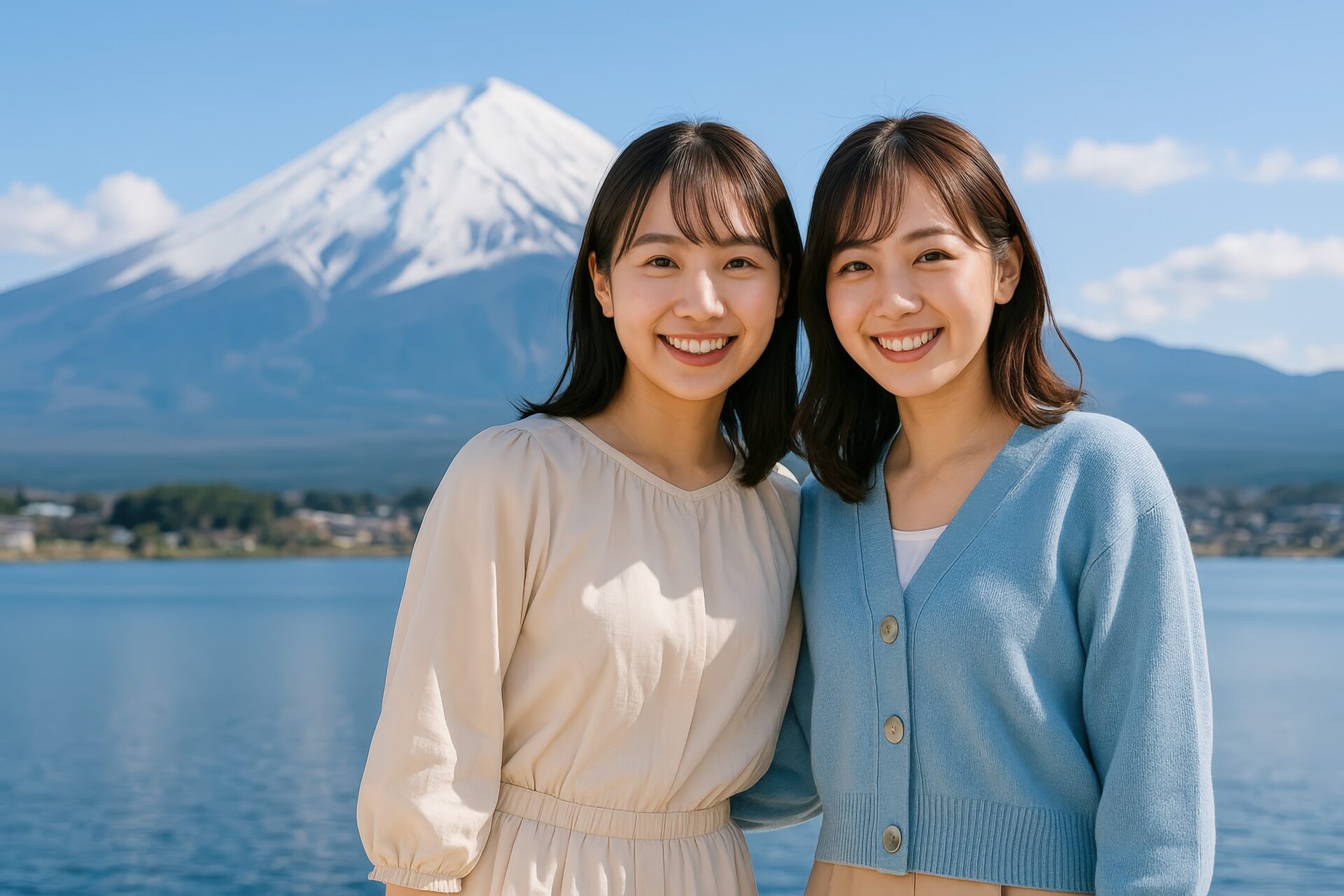 富士山をバックに微笑む若い女性二人