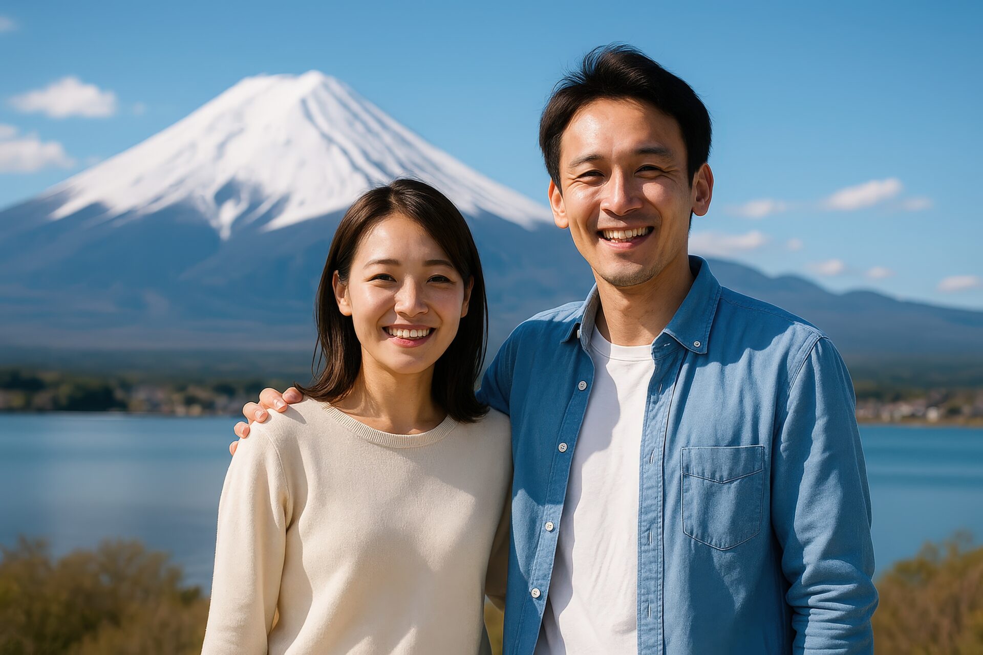 富士山を背景に微笑むカップルのポートレート