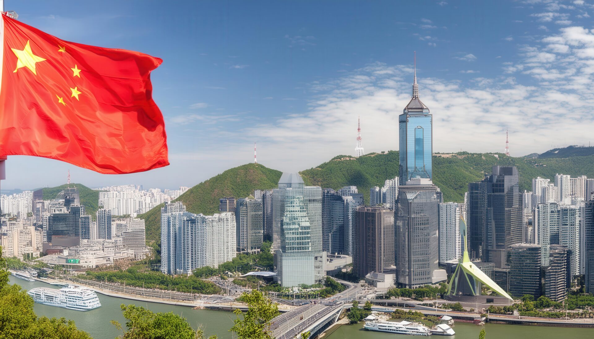 中国国旗と山間の近代的な建物