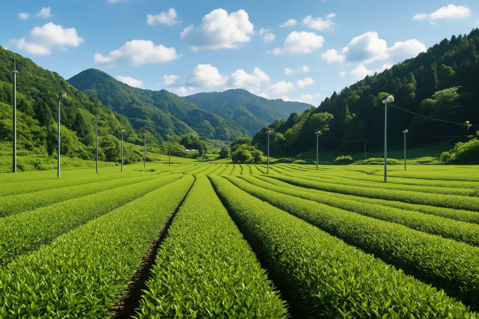 山に囲まれた茶畑が広がる夏の風景