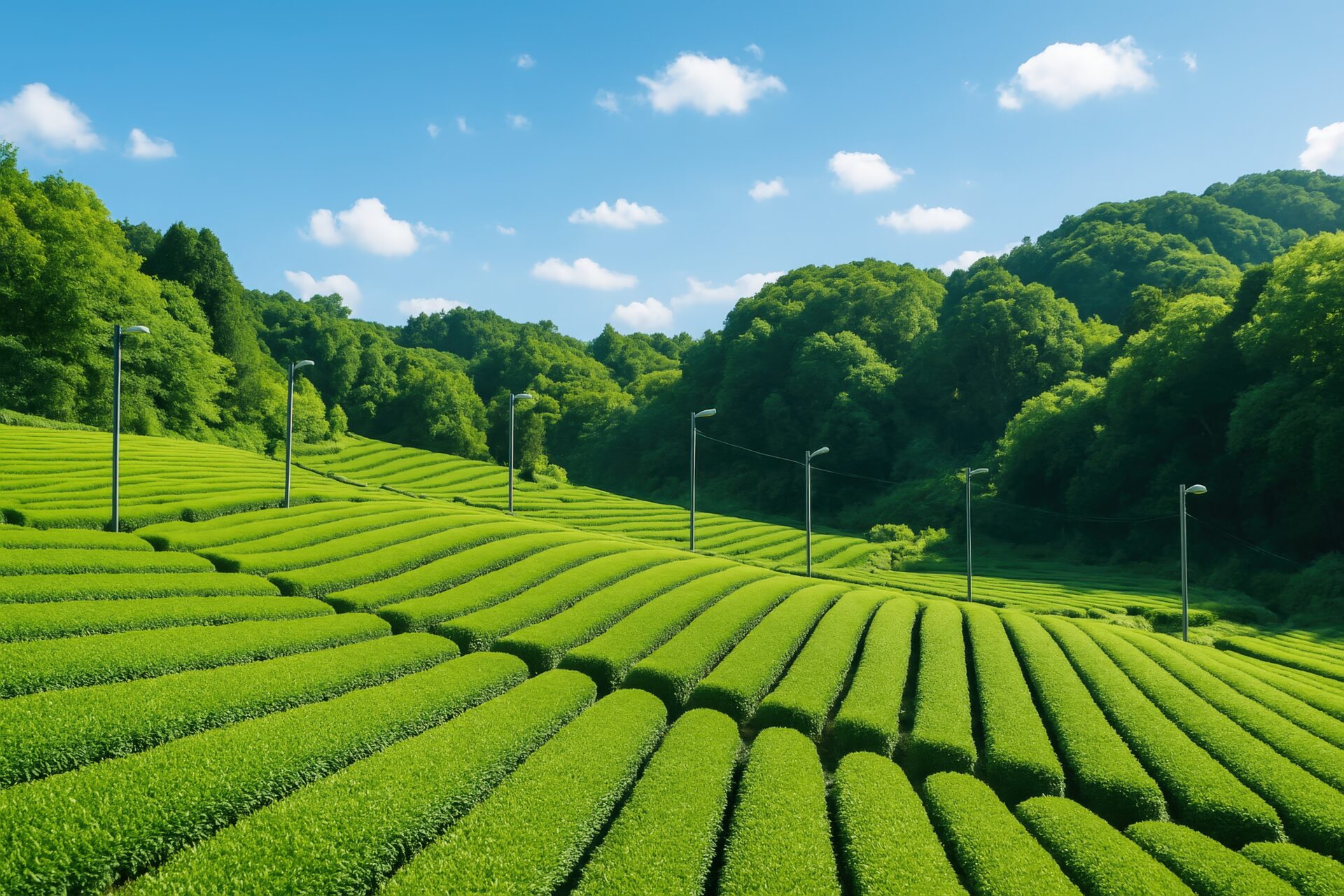 青空の下で広がる美しい茶畑の曲線