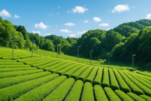 青空の下で広がる美しい茶畑の曲線